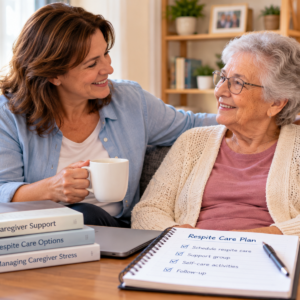 Older adult and family caregivers reviewing caregiver support and respite care arrangements at home.