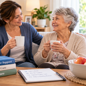 Older adult enjoying an activity with a respite caregiver while a family caregiver takes a planned break.