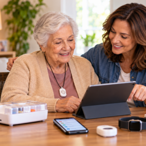 Older adult and family member reviewing caregiver technology, including a shared care calendar, tablet, and communication tools.