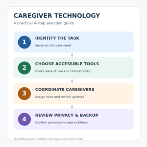 Four-step caregiver technology planning diagram showing care needs, device selection, caregiver coordination, and privacy review.