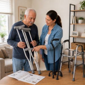 Older adult and family member discussing options related to crutches and specialty mobility aids: the complete guide.