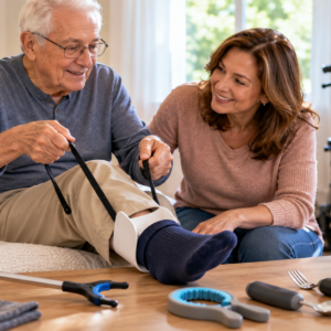 Older adult and family member comparing daily living aids for seniors, including reachers, jar openers, sock aids, and adaptive eating utensils.