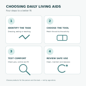 Four-step daily living aids for seniors guide showing task identification, adaptive tool selection, comfort testing, and maintenance.