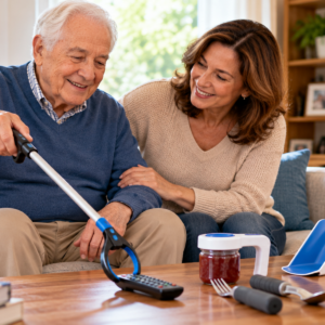 Older adult using adaptive eating utensils during a comfortable meal with family support nearby.