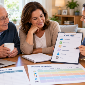 Older adult, family member, and care coordinator reviewing a daily elder care plan, weekly schedule, and caregiving responsibilities.