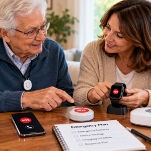 Older adult and family member comparing emergency communication for seniors, including an emergency phone, wearable SOS button, and medical alert pendant.