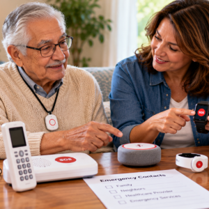 Older adult wearing an emergency communication pendant while a family caregiver checks contact information and device readiness.