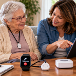 Four-step Fall Detection for Seniors diagram showing possible fall detection, device alerts, caregiver notification, and appropriate response coordination.