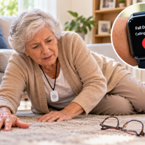 Older adult checking a fall detection smartwatch at home while a family caregiver reviews charging and everyday device readiness.