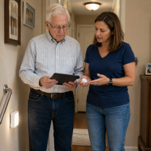 Older adult and family member discussing options related to home lighting and fall prevention for seniors.