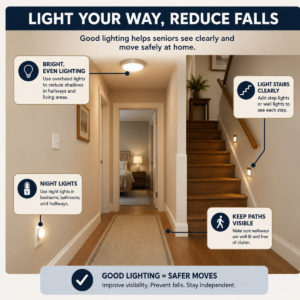 Simple visual explaining a practical consideration for home lighting and fall prevention for seniors.