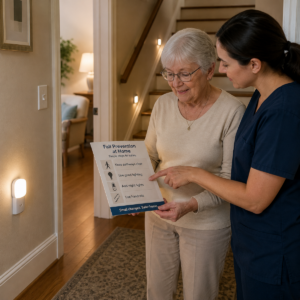 Older adult applying safe everyday guidance related to home lighting and fall prevention for seniors.
