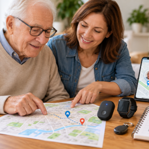 Older adult and family member discussing GPS tracking and wandering prevention for seniors.