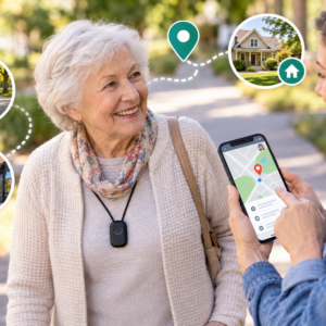 Older adult and caregiver checking a GPS tracker and outing plan before a familiar trip.