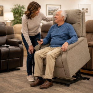 Older adult and family member discussing options related to lift chairs for seniors: the complete guide.