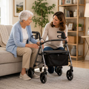 Older adult and family member discussing options related to rollators for seniors: the complete guide.