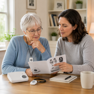 Older adult and family member discussing options related to medical alert systems for seniors: the complete guide.