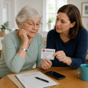 Older adult and family member discussing options related to medical id and emergency information for seniors.