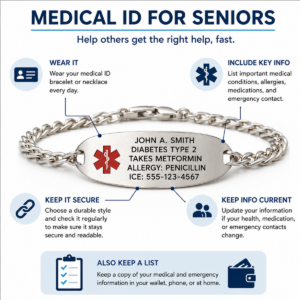 Simple visual explaining a practical consideration for medical id and emergency information for seniors.