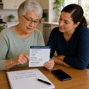 Older adult applying safe everyday guidance related to medical id and emergency information for seniors.