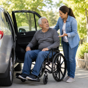 Older adult and family member discussing options related to mobility transport and vehicle transfer: the complete guide.