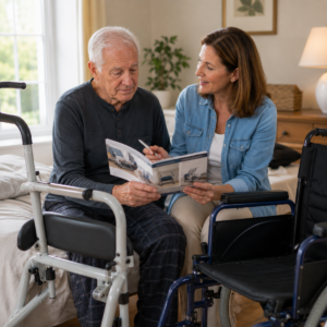 Older adult and family member discussing options related to patient transfer equipment: the complete guide for safer transfers.