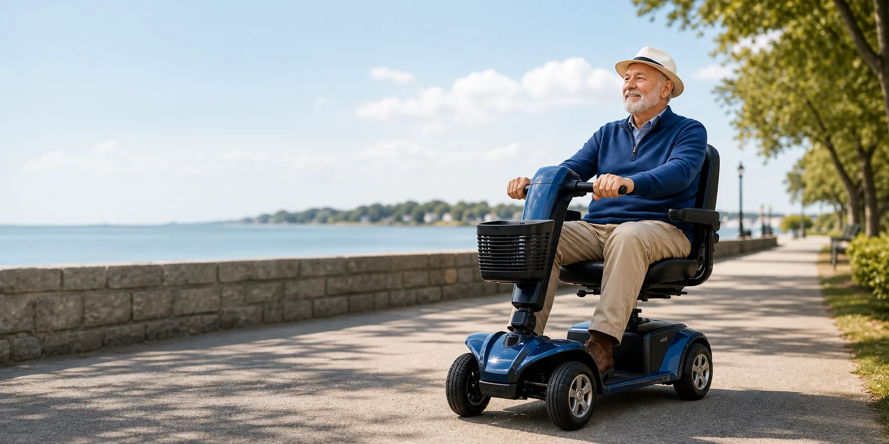 Older adult riding a blue mobility scooter on a waterfront path