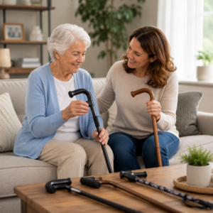 Older adult and family member discussing options related to walking canes for seniors: the complete guide.