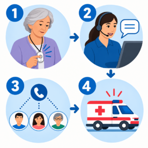 Four-step diagram showing a Iris Ally Medical Alert Device response pathway from help button to emergency assistance