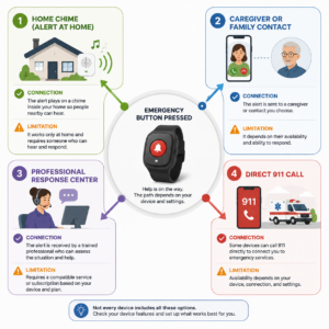 Diagram comparing local, caregiver, monitored, and 911 response paths for an emergency call button.