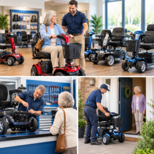 Mobility scooter showroom, repair counter, and home delivery options compared