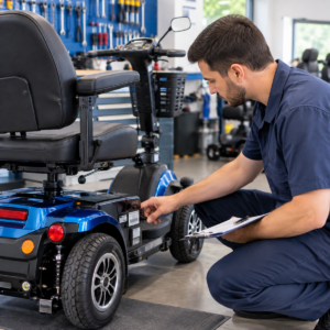 Technician checking the model and serial label on a mobility scooter before service