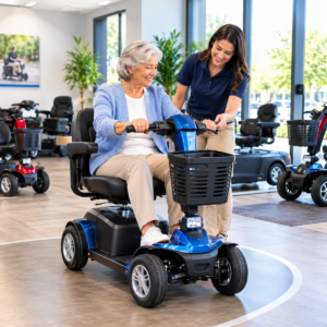 Older adult testing mobility scooter controls and turning space in an accessible showroom