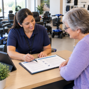 Mobility store specialist reviewing a written warranty and repair plan with a customer