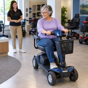 Older adult testing mobility scooter controls, transfer space, and a slow turn in a showroom