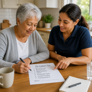 Older adult and caregiver writing a clear support plan together.