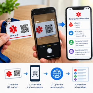 Phone scanning a QR code on a medical ID card to open emergency information.