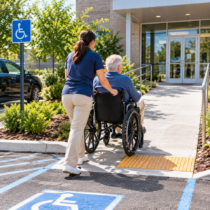Wheelchair user and caregiver using an accessible route from parking to a building entrance