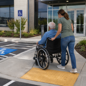 Wheelchair user and caregiver using an accessible route from parking to a building entrance