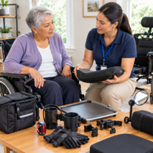 Older adult reviewing mobility equipment with a qualified helper