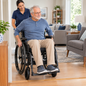 Older adult practicing safe mobility use in a clear home setting