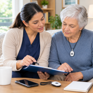 Caregiver and older adult reviewing the testing, maintenance, and backup plan for a alert1 medical alert systems: a practical guide.