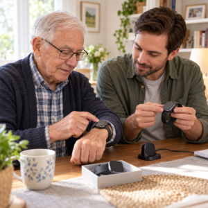 Older adult comparing GPS tracker watch sizes, strap comfort, display readability, and charging with a caregiver.