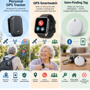 Comparison illustration showing a compact personal GPS tracker, GPS smartwatch, and item-finding tag for elderly users.