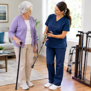 Older adult reviewing mobility equipment with a qualified helper
