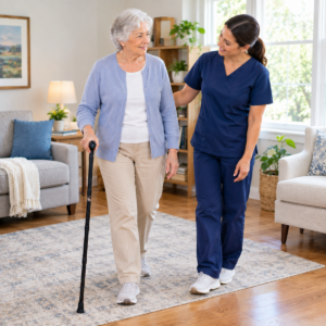 Older adult practicing safe mobility use in a clear home setting
