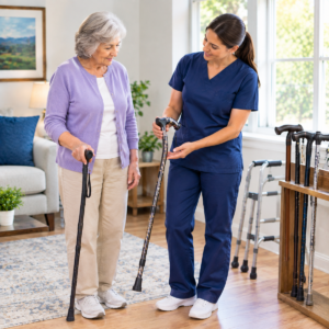 Older adult reviewing mobility equipment with a qualified helper