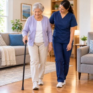 Older adult practicing safe mobility use in a clear home setting
