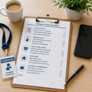 Caregiver workplace task and safety checklist on a clipboard.
