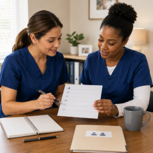 Two caregivers reviewing a shift handoff note together.